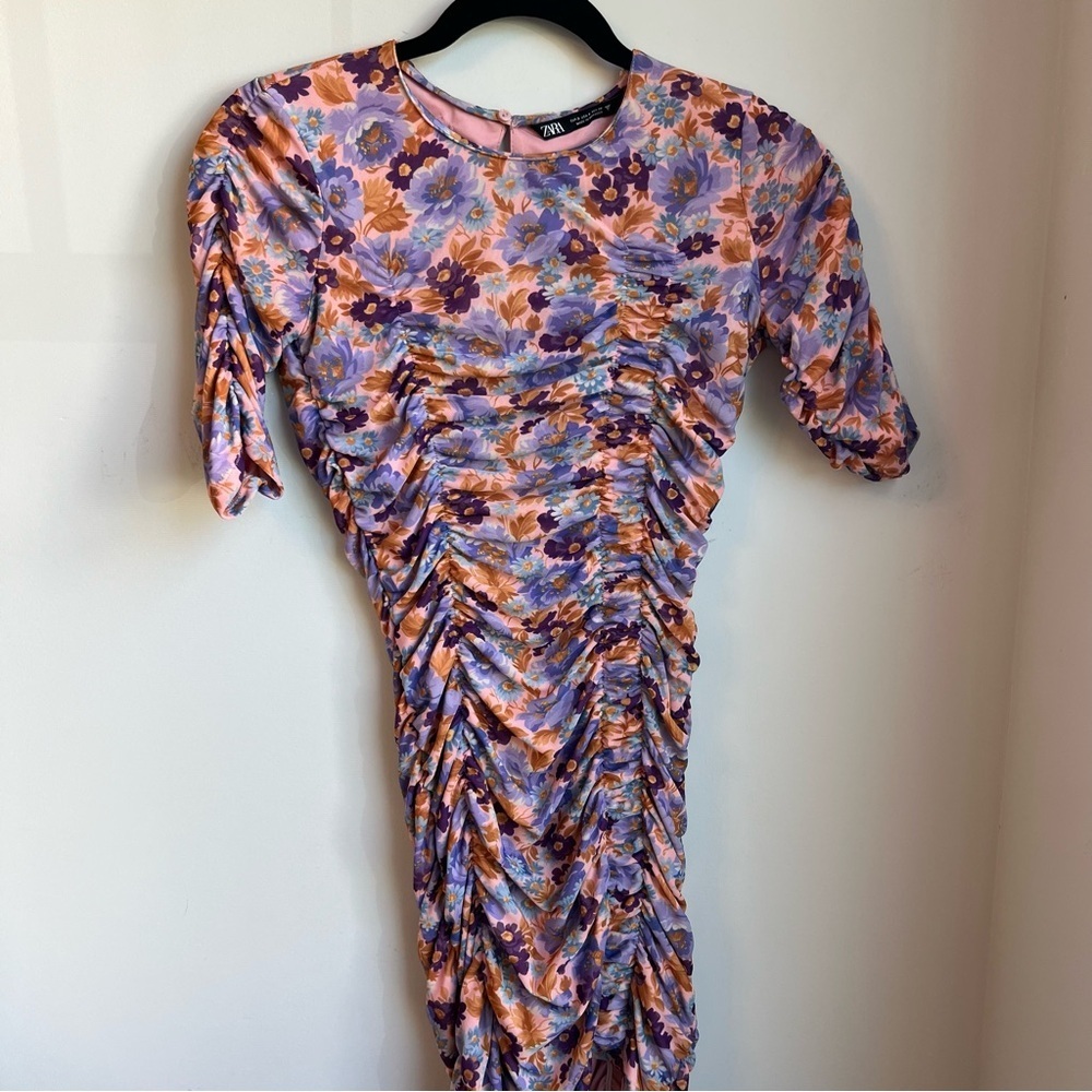 Zara Purple Print Ruched Mini Dress - Picture 7 of 17